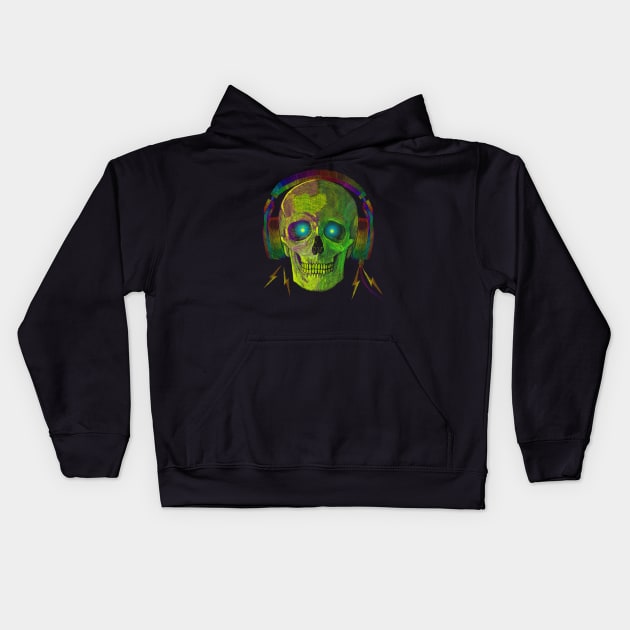 SKULL WITH HEADPHONES NEON GREEN Kids Hoodie by KARMADESIGNER T-SHIRT SHOP